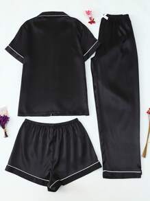 3pcs Set Satin Pale Pink Single-Breasted Lapel Collar Short Sleeve Top And Long/Shorts, Ladies Pajamas Home Wear Set For Spring/Summer