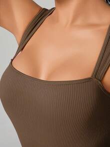 1pc Women's Soft Rib-Knit Skinny Spaghetti Strap Jumpsuit Shape-Wear - Brown - View 3