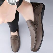 Men's Simple Slip-on Loafers With Flat Sole, Anti-slip & Comfortable For Driving - Grey - View 3