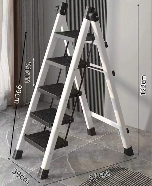 GLOBAL Z-A Escalera Plegable, de Tijera, de 3 5 Peldaños, Taburete, Antideslizante, Bloqueo de Seguridad, Fácil de Guardar, Carga hasta 150 kg, Ideal para Cocina, Pasillo, Garaje, Color Blanco