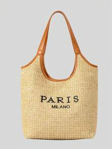 مجموعة من قطعتين حقيبة قش مضفرة ذات طباعة حرفية، طراز إنزلياني شائع، حقيبة كتف أنثوية لفصل الصيف، حقيبة شاطئ للأمهات