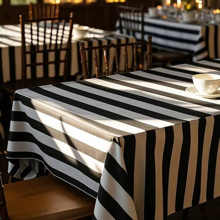 1pc Black And White Striped Tablecloth, Washable And Colorfast, Table Decor, Home Goods, Party, Christmas, New Year, Wholesale And Retail In Multiple Sizes - Black and White - View 2