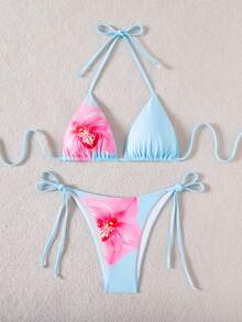 Women's Floral Print Bikini Set, Tie Front Triangle Top & Tie Side Triangle Bottom, Summer Swimsuit - Baby Blue - View 5