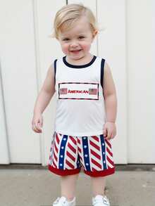 Toddler Baby Boy 4th Of July Outfit American Flag Embroidery Crew Neck Sleeveless Tank Tops And Shorts 2 Pcs Set Little Kids Fourth Of July Clothes - Blue - View 3