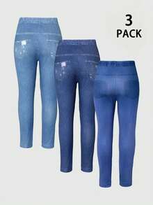 Girls Cute Cartoon Girl Pattern Digital Print Faux Ripped Denim Effect Casual Leggings, Spring/Summer/Autumn - Multicolor - View 2