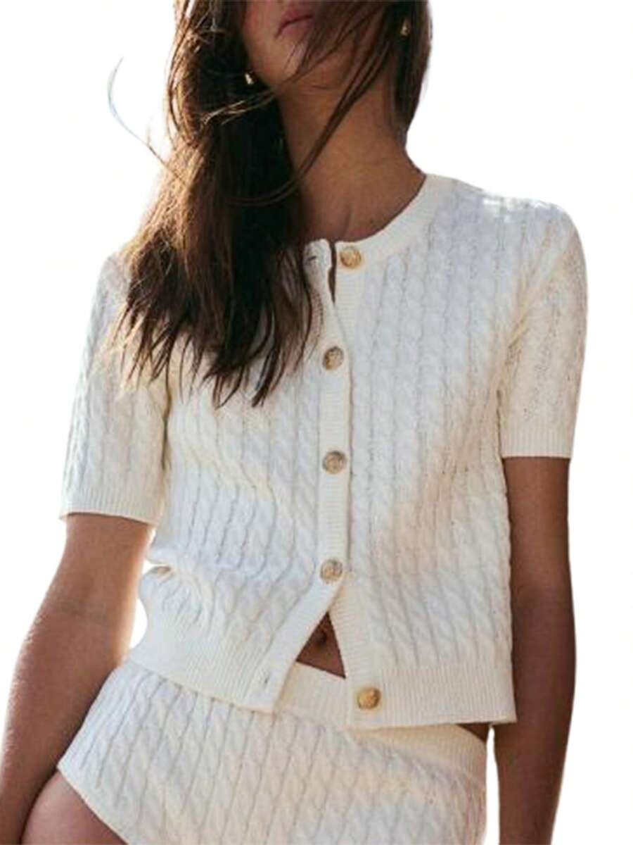 Women's Cable Knit Cardigan Solid Color Round Neck Short Sleeve Button-Front Closure Crop Sweaters - Blanco marfil - Ver 1
