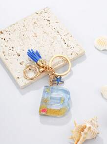1pc A-Z English Letter Keychain, Resin Drop Glue Oceanic Elements Letter Pendant Keychain For Girls, Summer Starfish, Seashell Decor Random Color Children Bag Accessories