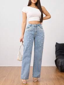 优雅珍珠装饰水洗直筒牛仔裤 - 奢华时尚女式牛仔裤 - 春季时尚服饰 - 淺色水洗藍 - 查看 2