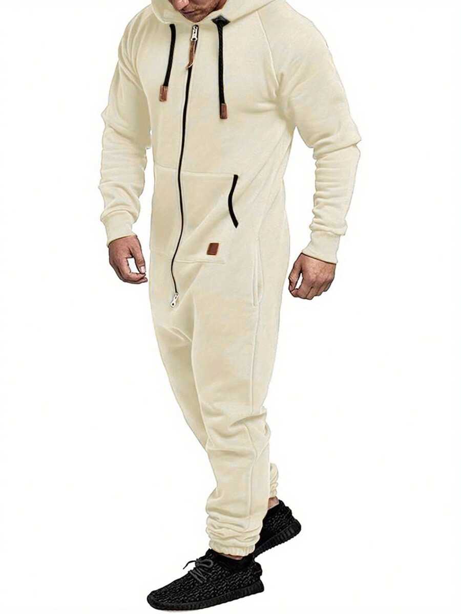 Men Winter Hooded Jumpsuits With Pockets Full Zipper Up Sweatsuit - 米色 - 查看 1