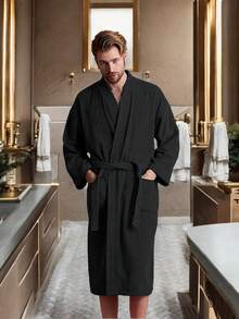 UNISEX BATHROBE, WIDE AND LONG, EXCELLENT ABSORPTION, MICRO-TOWEL FABRIC (COTTON WITH MICROFIBER) - Black - View 3