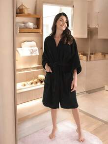 UNISEX BATHROBE, WIDE AND LONG, EXCELLENT ABSORPTION, MICRO-TOWEL FABRIC (COTTON WITH MICROFIBER) - Black - View 6