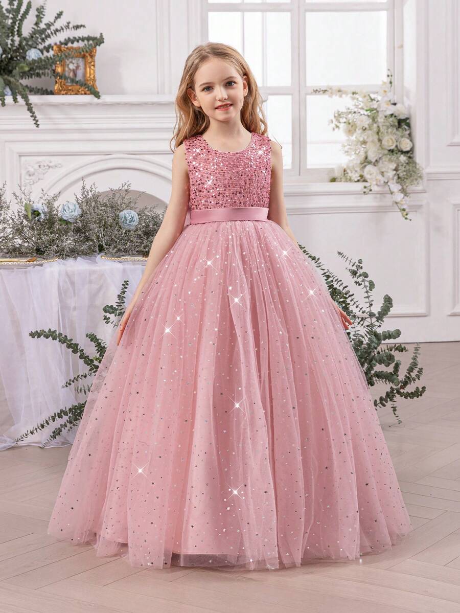少女亮片3D蝴蝶结薄纱圣诞派对优雅粉色公主裙，适合女孩生日派对、青少年舞会、婚礼花童、感恩节、毕业典礼等场合。 - 粉色 - 查看 1