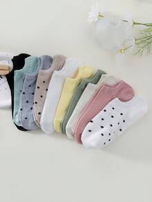10 Pairs Random Women Retro Dot & Solid Color Cute Non-Slip Breathable Low-Cut Boat Socks - Multicolor - View 3