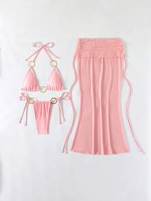 3pcs Pink Sexy Bikini Set With Mesh Maxi Dress, Women's Halter Cutout Swimwear With Metal Circle Ring, Padded Tummy Control Swimwear For Beach, Pool, Holiday