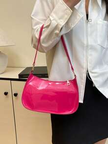Bolso de hombro con cremallera de unicolor y minimalista, bolso en forma de media luna de moda, bolso de hombro con cremallera de piel sintética de unicolor, monedero burdeos, bolsa de lence - Rosa Fucsia - Ver 4