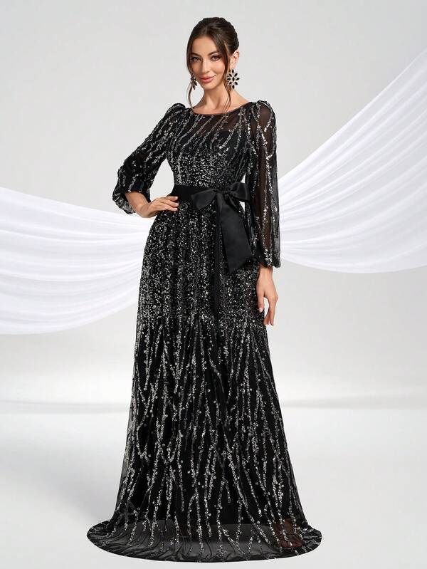 YISIKADO Sequin Glittery Dress Bow Front Luxury Elegant Women Ball Gown Prom Party Long Dress Wedding Guest Banquet Graduation Formal Evening Dinner Art Exhibition Concert Bridal Shower Dress