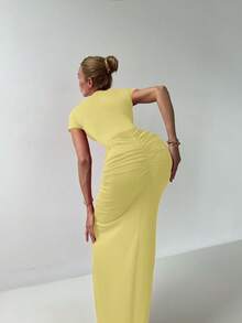 女士 2 件优雅奶油黄色修身高弹情人节短袖紧身衣，带荷叶边松紧腰长裙，适合春夏约会 - 淺黃色 - 查看 6