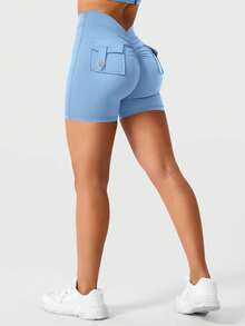 YEOREO Pink Shorts Workout Shorts With Pockets For Women V Back Scrunch High Waisted Shorts Charm Gym Yoga Biker Shorts - 淺藍 - 查看 6