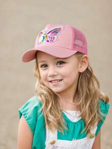 1pc Kids Girls Round Top Baseball Cap, Mermaid & Sequin Decor, Fashionable Minimalist Snapback, Spring/Autumn - Pink - View 8