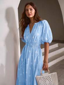 Simplee Women's Summer New Embroidery Lantern Sleeve Tie-Up Long Dress, Suitable For Party, Wedding Guest, Vacation, Music Festival, Back To School - Blue - View 4