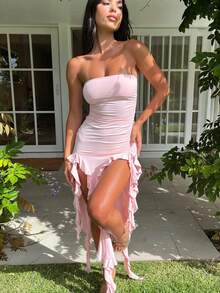 Women's Elegant Solid Color Ruffle Hem High Slit Maxi Strapless Dress - Pink - View 1