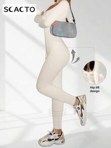 Scacto 2pcs Women Skinny JumpsuitSolid Color Ribbed Knit Long SleeveSquare Neck Bodycon JumpsuitRomper Work Out Sport Yoga Playsuits - 黑白 - 查看 5