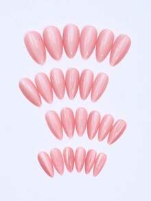 Internet Celebrity Recommendation Cat Eye Press On Nails Medium Almond Acrylic Nails Pink Glossy Fake Nails Nude Full Cover Glue On Nails Cute Nature Shiny Glitter False Nails For Women Manicure 24Pcs Nail Supplies Nails - Pink - View 4