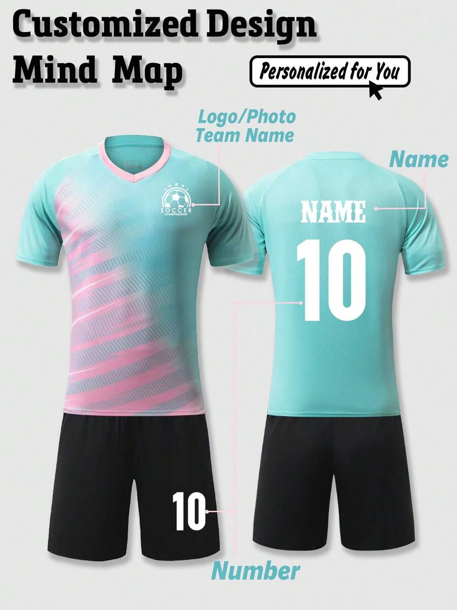 2pcs Personalized Men's Soccer Jersey- Customized Name,Number And Picture Print Short Sleeve T-Shirt+Shorts Sports Set Spring/Summer - Multicolor - View 1
