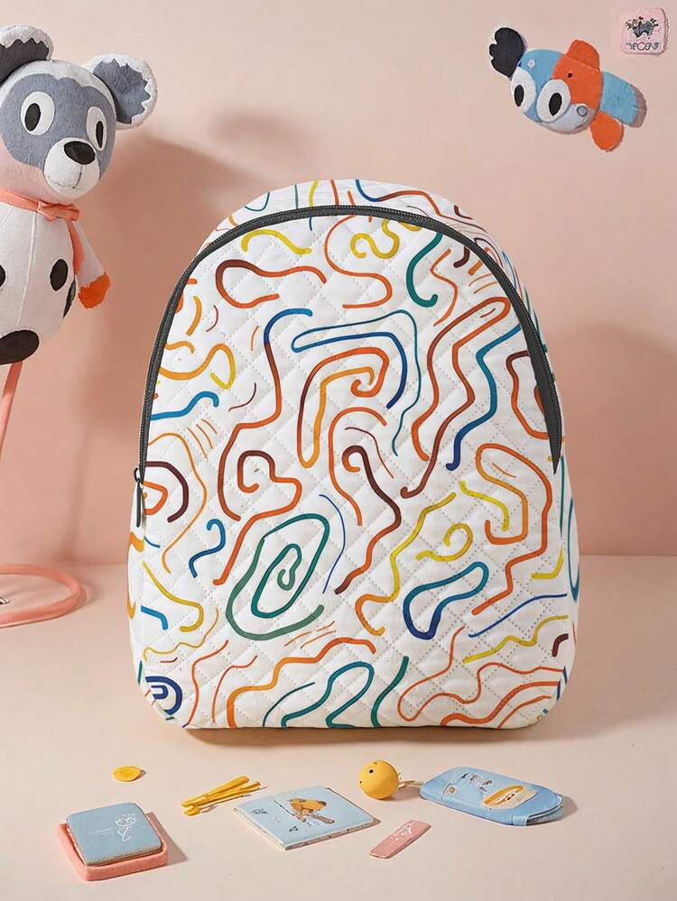 1pc Colorful Striped, Bow, Heart Letter, Cartoon Pattern Quilted Zipper Closure Backpack, Cool Style Suitable For Boys And Girls, Great For School And Outdoor Activities - Multicolor - View 5