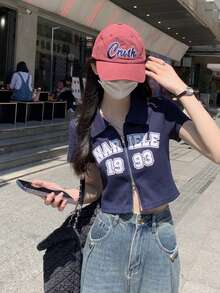 复古字母印花 Polo 领双拉链短款 T 恤，春夏休闲款 - 藏蓝色 - 查看 7