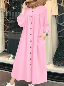 Scacto Vestido largo de línea A con cuello redondo, mangas farol y plisado en un solo color, para uso diario, fiesta en casa o moda, versión holgada, modesto