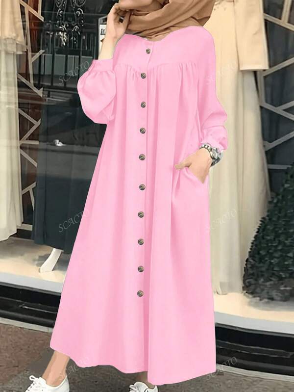 Scacto Vestido largo de línea A con cuello redondo, mangas farol y plisado en un solo color, para uso diario, fiesta en casa o moda, versión holgada, modesto
