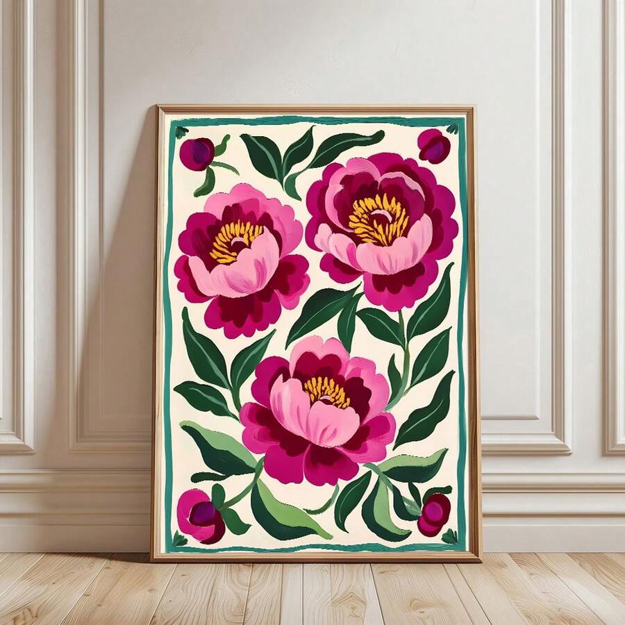 1 pieza Póster de arte de pared con pintura de lienzo de estilo bohemio con peonía rosa enmarcada/sin marco, obra de arte botánica minimalista floral abstracta vintage, adecuada para dormitorio, apartamento, sala de estar, decoración del hogar moderna - Multicolor - Ver 1