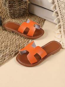 1 par de sandalias planas de color naranja talla grande para niñas, sandalias de PU de unicolor cómodas con tira, puntera redonda, antideslizantes, lindas y adecuadas para niños y niñas de 3 a 15 años, para uso diario, casual, fiesta, viaje, nueva llegada primavera/verano 2026 - Naranja - Ver 7