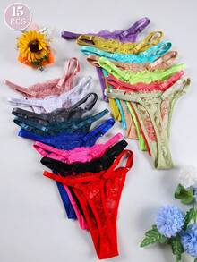 Bộ 15 quần lót ren gợi cảm có thể điều chỉnh eo G-String/Quần lọt khe cho nữ, Màu kẹo - Nhiều màu - Xem 4