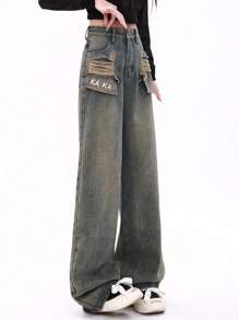 Jupkem Retro Hot Girl Ripped Jeans Women's Niche Straight Tube Versatile Ripped Pocket Irregular Design Sense Mid Waist Hot Girl Slim Fit Wide Leg Mopping Straight Tube Cute Versatile Fashion Street Pants Blue