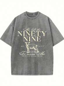 He Left A 99 Printed T-Shirt, 1 Piece, 230g Washed, High-Quality Wax Printed Cotton Retro Fashion Brand T-Shirt, With A Certain Thickness Suitable For Summer T-Shirts, Holiday Gifts - 深灰色 - 查看 1