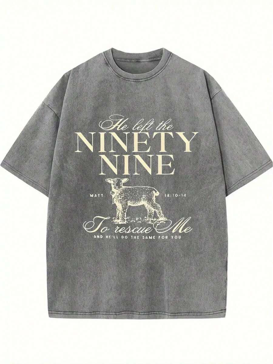 He Left A 99 Printed T-Shirt, 1 Piece, 230g Washed, High-Quality Wax Printed Cotton Retro Fashion Brand T-Shirt, With A Certain Thickness Suitable For Summer T-Shirts, Holiday Gifts - 深灰色 - 查看 1