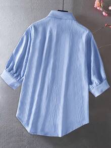 Áo sơ mi nữ tay lửng thêu họa tiết, kiểu dáng thường ngày, thích hợp cho kỳ nghỉ hè. - Màu xanh lam - Xem 2