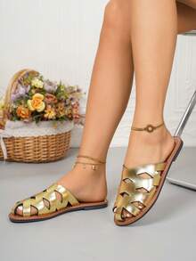 Sandalias de verano para mujer de talla grande, diseño minimalista de moda, cómodas, de punta cerrada, de malla, huecas, transpirables, antideslizantes, ligeras, para la playa y uso al aire libre, en negro y marrón - Dorado - Ver 6