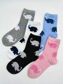 5 Pairs Women High Waist Patterned Mid-Calf Socks, Fashionable Elephant Design - Multicolor - View 3