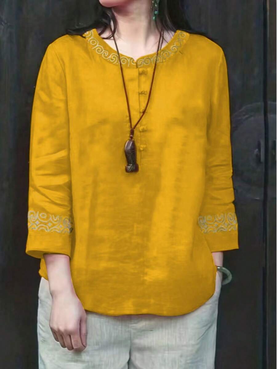 Women's Crew Neck Color Block Casual Vacation Blouse Spring - Yellow - View 1