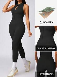 DINBEY Mono sin mangas de unicolor con cremallera para mujeres, ideal para yoga y actividades al aire libre, que levanta las caderas y estiliza el vientre. Apto para primavera y verano.