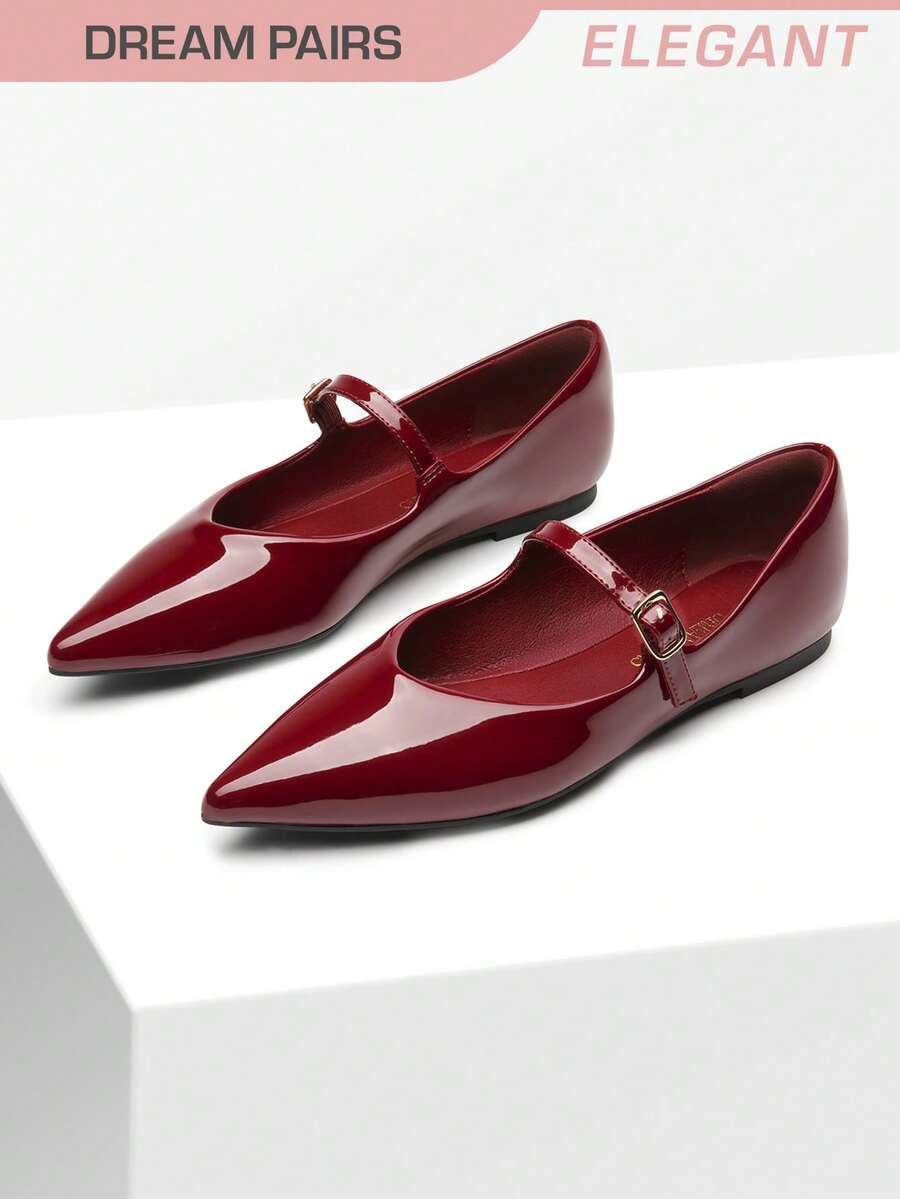 Women Fashion Flats Pointed Toe Ballet Flats Elegant Mary Jane With Buckle Strap Spring Summer Shoes - Đỏ - Xem 1