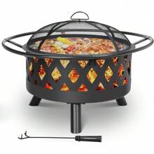 Feuerschale, Ø 76cm Feuerkorb mit Funkenschutz und Schürhaken, Feuerschalen für den Garten Groß, Feuerstelle mit Grill, BBQ Feuerstelle Outdoor, Retro-Look Fire Pit, Multifunktional Feuerkorb