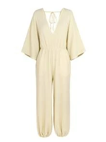 Solid Color V-Neck Loose Waist Simple Spring And Summer Drawstring Jumpsuit