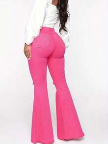 Pantalón acampanado rosa neón con diseño roto y corte acampanado atrevido y juvenil, adecuado para mujer Ropa de mujer de moda cintura alta, temperamento americano, diseño de personalidad, rodillas rotas, pelo rizado, pantalones vaqueros de campana, pantalones ajustados elásticos, pantalones delgados - Rosa Fucsia - Ver 3