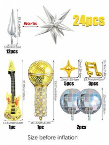 24 件音乐主题派对气球套装 - 麦克风、吉他、迪斯科球、金色音符和星星，适合流行音乐主题、生日派对、80 年代 90 年代嘻哈摇滚派对、歌手表演派对、道具舞蹈装饰 - 彩色 - 查看 2