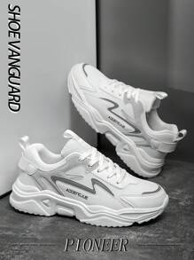 Chaussures de sport casual extérieures confortables et respirantes pour hommes, style de rue quotidien en noir et blanc, patchwork  PU, Baskets basses de course à semelle épaisse, tailles grandes, pour toutes les saisons