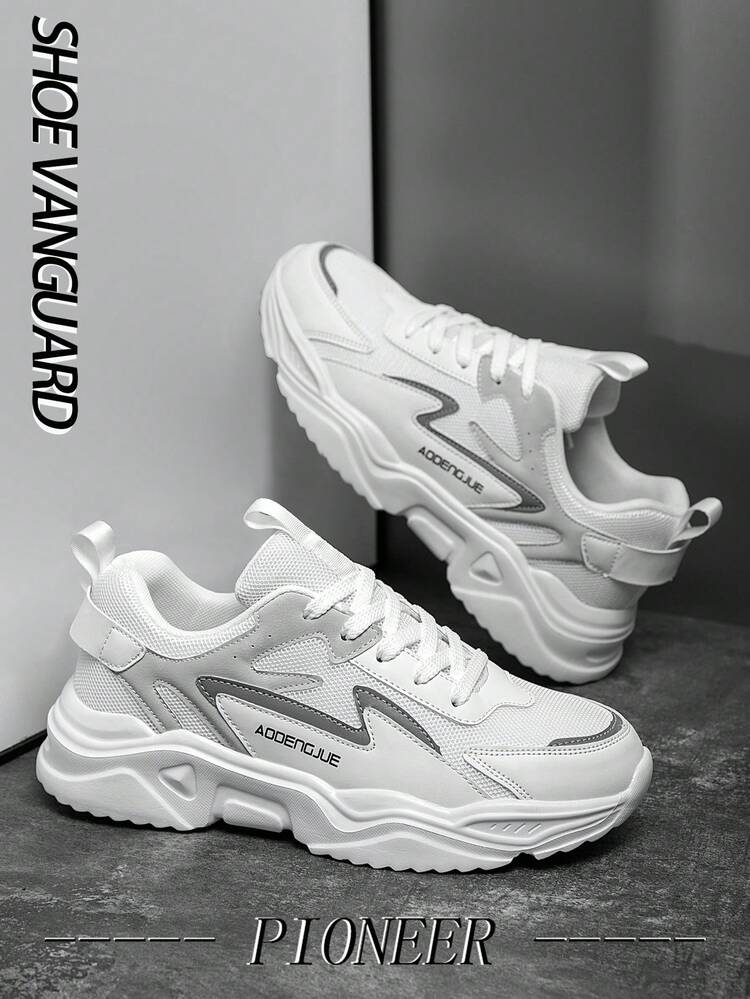 Men's Comfortable Breathable Mesh Outdoor Casual Sports Shoes, Daily Street Style Black & White PU Leather Patchwork Low-Top Running Sneakers, Plus Size Chunky Sneakers For All Seasons, Perfect With Sports Jeans Look - White - View 4